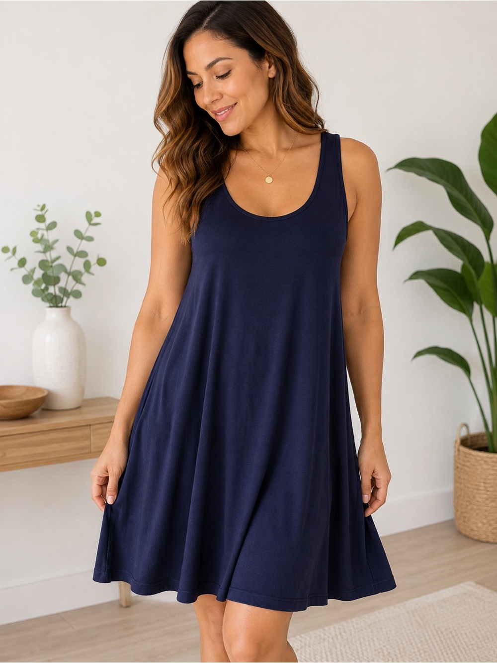 LASCANA for VENUS Navy Blue Swing Dress Size L Sleeveless Viscose Casual